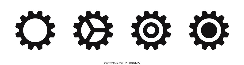 Gear icons set. Simple black gear wheel collection, cogwheel, setting, mechanism, progress or construction concept. Vector illustration.