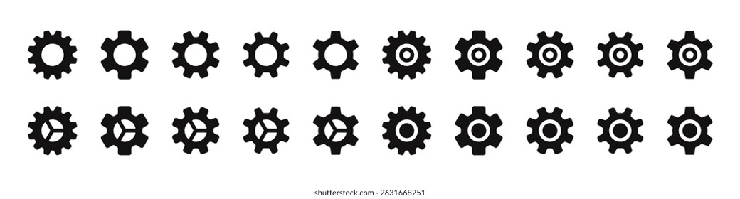 Gear icons set. Simple black gear wheel collection, cogwheel, setting, mechanism, progress or construction concept. Vector illustration.