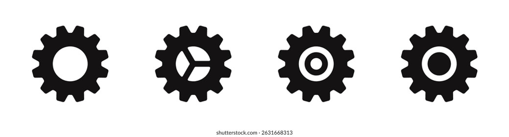Gear icons set. Simple black gear wheel collection, cogwheel, setting, mechanism, progress or construction concept. Vector illustration.