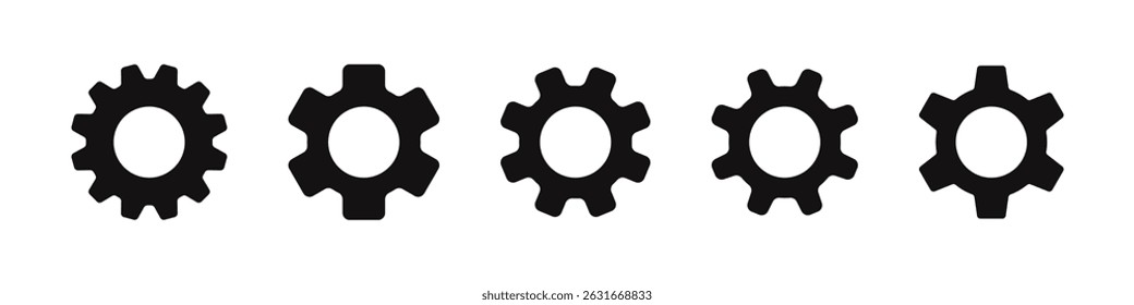 Gear icons set. Simple black gear wheel collection, cogwheel, setting, mechanism, progress or construction concept. Vector illustration.