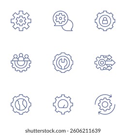 Gear icons set. Thin Line style, editable stroke. gears, team management, settings, chat, gear, process, padlock, fast solution.