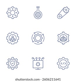 Gear icons set. Thin Line style, editable stroke. gear, team, secure, bioengineering, api, cogwheels, labor, coding.
