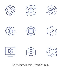 Gear icons set. Thin Line style, editable stroke. gear, monitor, reverse engineering, world grid, configuration, skills, check, engineering.