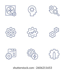 Gear icons set. Thin Line style, editable stroke. fan, setting, gear, functioning, control system, energy, research and development, edit tools.