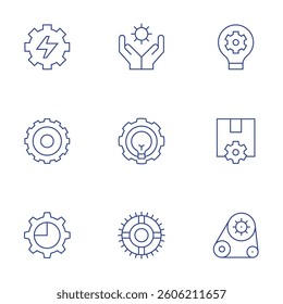 Gear icons set. Thin Line style, editable stroke. electric gear, gear, light bulb, pie chart, cogwheel, settings, order fulfillment, mechanism.