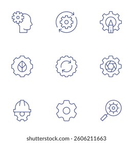 Gear icons set. Thin Line style, editable stroke. engineering, ecology, settings, maintenance, setting, gear.