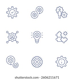 Gear icons set. Thin Line style, editable stroke. check, skills, management, agile, development, gear, solution, options.