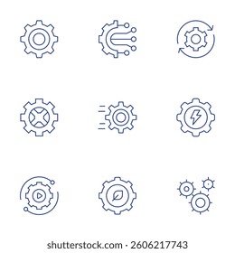 Gear icons set. Thin Line style, editable stroke. settings, gear, setup, connection, refresh, electricity, setting.