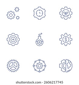 Gear icons set. Thin Line style, editable stroke. settings, gear, setting, time management, test tubes, internet.