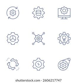 Gear icons set. Thin Line style, editable stroke. solutions, data science, settings, disruption, gear, setting, innovation