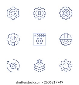 Gear icons set. Thin Line style, editable stroke. restore, server, gear, exchange, maintenance, admin, script, helmet.