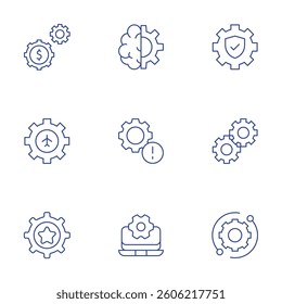 Gear icons set. Thin Line style, editable stroke. setting, gear, progressive, machine learning, warning, software, cogwheels, technical support.
