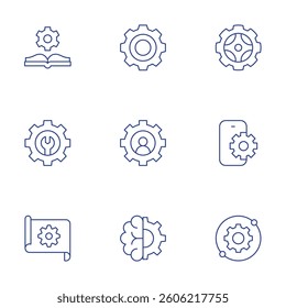Gear icons set. Thin Line style, editable stroke. manual book, maintenance, blueprint, settings, gear, brain, smartphone, configuration.