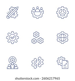 Gear icons set. Thin Line style, editable stroke. work in progress, easy installation, team, group, gears, disruption, gear, analytics.