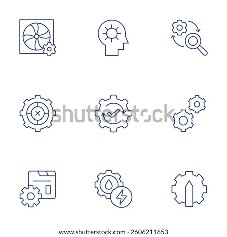 Gear icons set. Thin Line style, editable stroke. fan, setting, gear, functioning, control system, energy, research and development, edit tools.