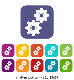 Gear icons set vector illustration in flat style in colors red, blue, green, and other