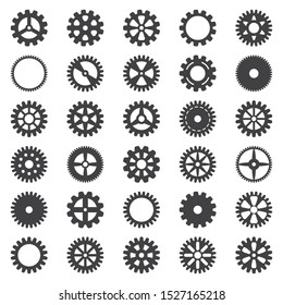 Gear icons set. Vector transmission cog wheels and gears isolated on white background
