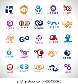 Gear Icons Set-Isolated On Gray Background-Vector Illustration,Graphic Design. Collection Of Different Logotype, Modern Shape.New Flat Concept For Web,Websites
