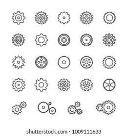 Gear icons: thin vector icon set, black and white kit