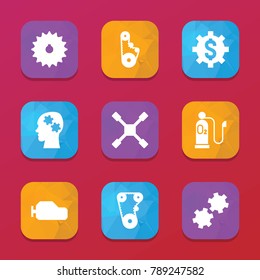 Gear icons. vector collection filled gear icons set.. includes symbols such as dollar sign in gear, timing belt, wheel wrench. use for web, mobile and ui design.