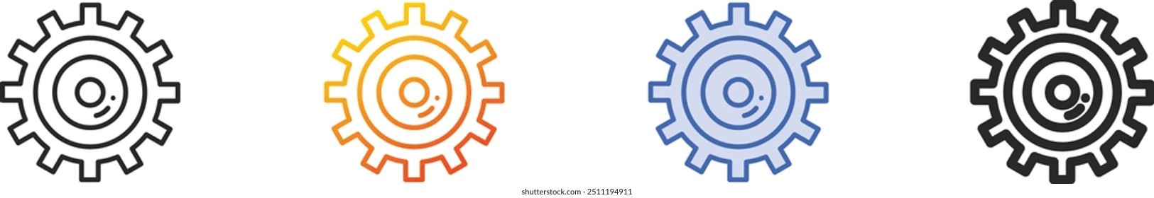 icono de engranaje. Diseño lineal delgado, degradado, trazo azul y estilo audaz aislado sobre fondo blanco