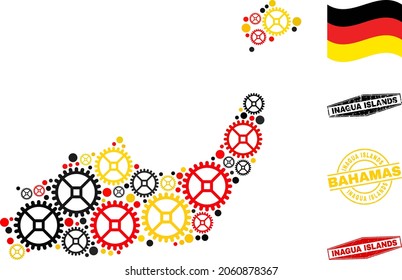 Gear Inagua Islands map collage and stamps. Vector collage is formed from workshop icons in different sizes, and German flag official colors - red, yellow, black.