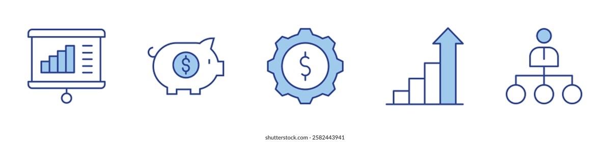 gear, increase, hierarchy, presentation, piggy bank. Business Icon vector illustration. Line Duotone style. Editable stroke.