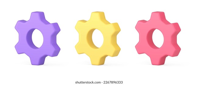 Gear industrial cogwheel technical engineering mechanism cog industrial tool 3d icon set realistic vector illustration. Transmission wheel round engine mechanical settings development progress work