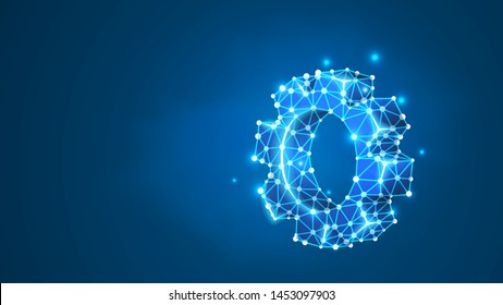 Gear. Industry development, engine, business solution concept. Mechanical technology machine engineering symbol. Abstract, digital, wireframe, low poly mesh, vector blue neon 3d illustration. Line dot