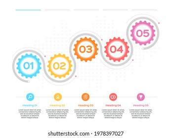 Gear infographic. Production progress, development process business infographic with gear diagrams. 5 step timeline vector template. Cog wheel connection for company presentation organization