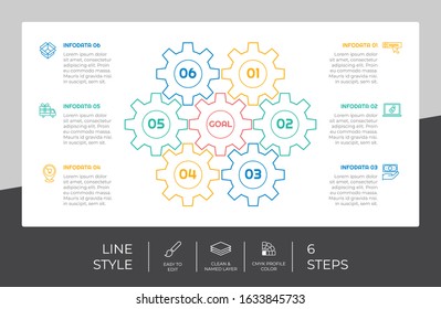 Gear infographic vector design with 6 steps & colorful style for presentation purpose.Line option infographic can be used for business and marketing