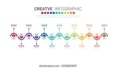 Gear infographics for presentation 13 steps. Cogwheel transmission connecting mechanical, Engineering tech progress business presentation start-up vector concept. Cogwheel connection banner, EPS.