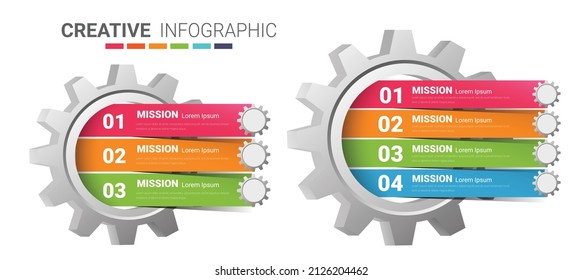 Gear infographics for presentation 3 and 4 steps. Cogwheel transmission connecting mechanical, Engineering tech progress business presentation. Cogwheel connection banner, EPS 10.