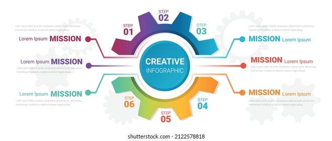 Gear infographics for presentation 6 steps. Cogwheel transmission connecting mechanical, Engineering tech progress business presentation start-up vector concept. Cogwheel connection banner, EPS 10.