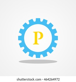 Gear initial letter P uppercase logo design template gold blue