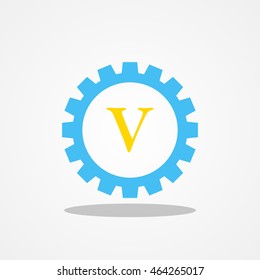 Gear initial letter V uppercase logo design template gold blue