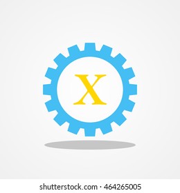 Gear initial letter X uppercase logo design template gold blue
