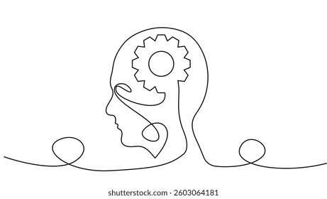 Gear Inside Brain Abstract Human Head Line Art Design. Psychology and creative thinking vector art