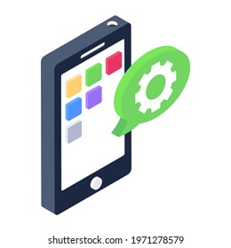 Gear inside chat bubble with smartphone, mobile technical chat icon