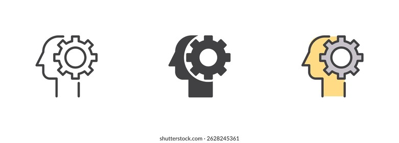 Gear Inside the Head different style icon set. Line, glyph and filled outline colorful version, outline and filled vector sign. Artificial intelligence symbol, logo illustration. Vector graphics