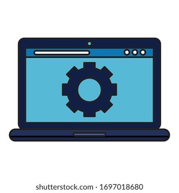 Gear inside laptop design, construction work repair machine part technology industry and technical theme Vector illustration