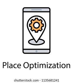 
A gear inside location pointer on mobile screen presenting concept of location optimization 
