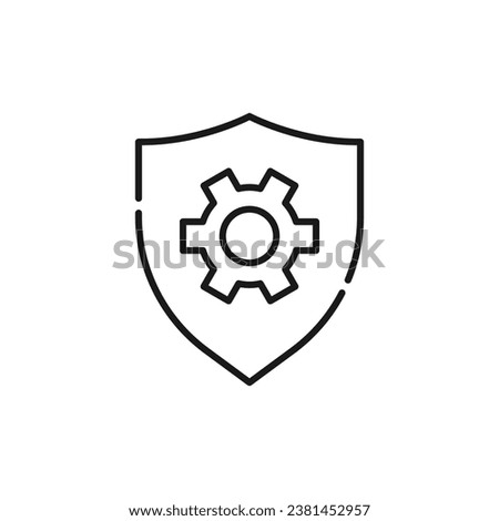 Gear inside of a Shield Isolated Line Icon. Perfect for web sites, apps, UI, internet, shops, stores. Simple image drawn with black thin line