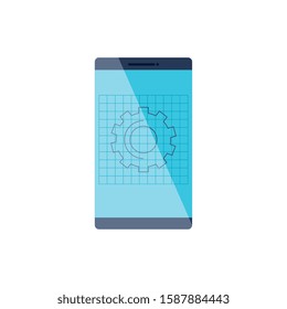 Gear inside smartphone design, construction work repair machine part technology industry and technical theme Vector illustration