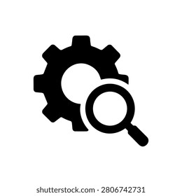 Gear Inspection Icon Containing system analysis, settings review, maintenance, and monitoring. Solid icon