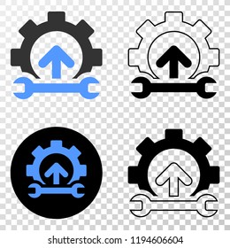 Gear integration arrow EPS vector icon with contour, black and colored versions. Illustration style is flat iconic symbol on chess transparent background.