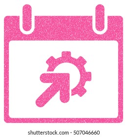 Gear Integration Calendar Day grainy textured icon for overlay watermark stamps. Flat symbol with dirty texture. Dotted vector pink ink rubber seal stamp with grunge design on a white background.