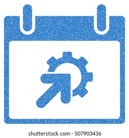 Gear Integration Calendar Day grainy textured icon for overlay watermark stamps. Flat symbol with scratched texture.