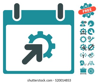 Gear Integration Calendar Day icon with bonus configuration design elements. Vector illustration style is flat iconic symbols, soft blue, white background.
