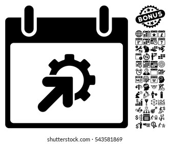 Gear Integration Calendar Day icon with bonus calendar and time management graphic icons. Vector illustration style is flat iconic symbols, black, white background.